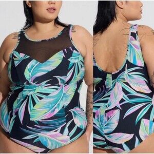 NWT Torrid Black Wireless Mesh High Neck One Piece Active Swimsuit Sz 4